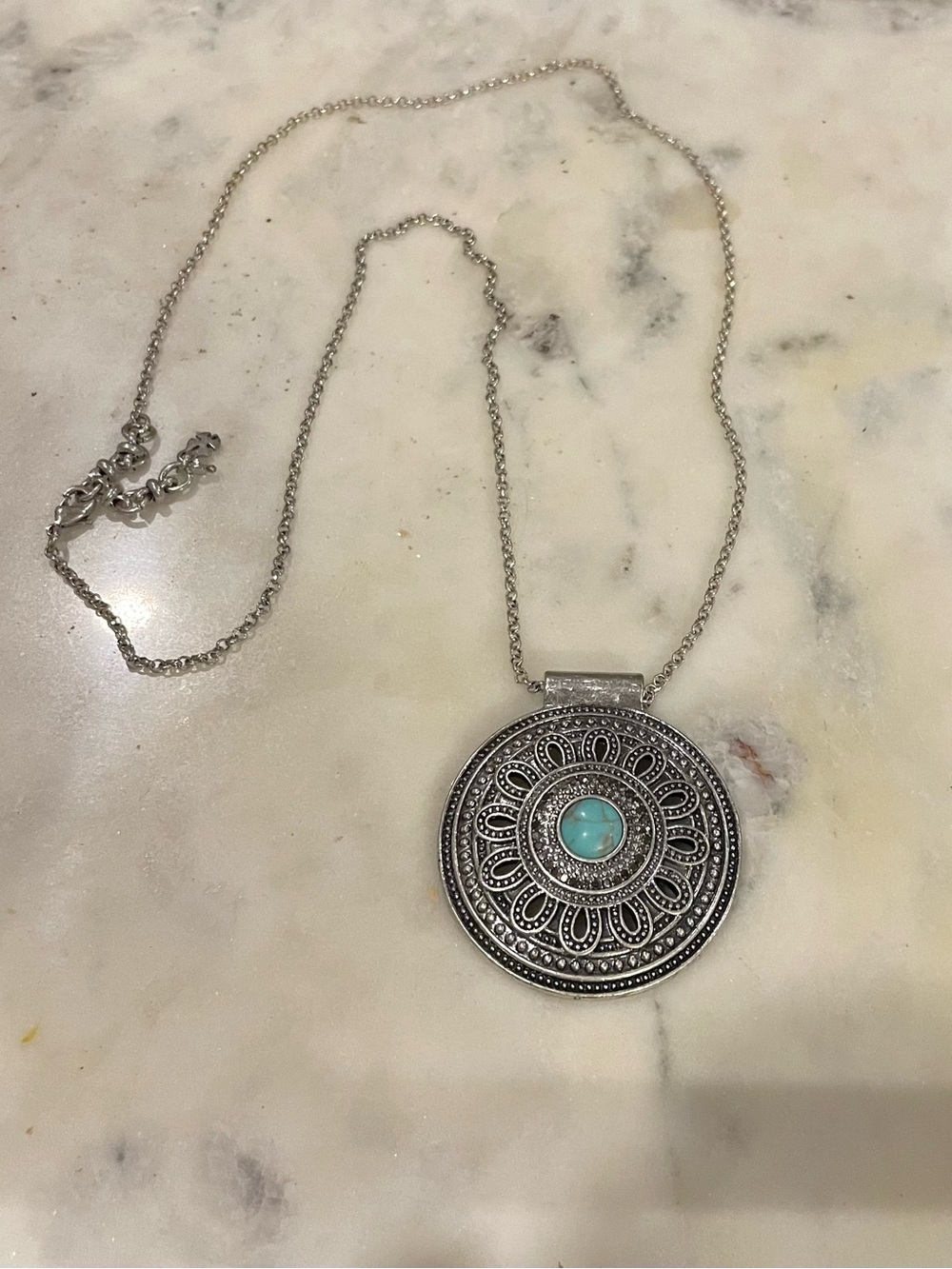 Boho Silver-Tone Pendant Necklace with Turquoise Accent